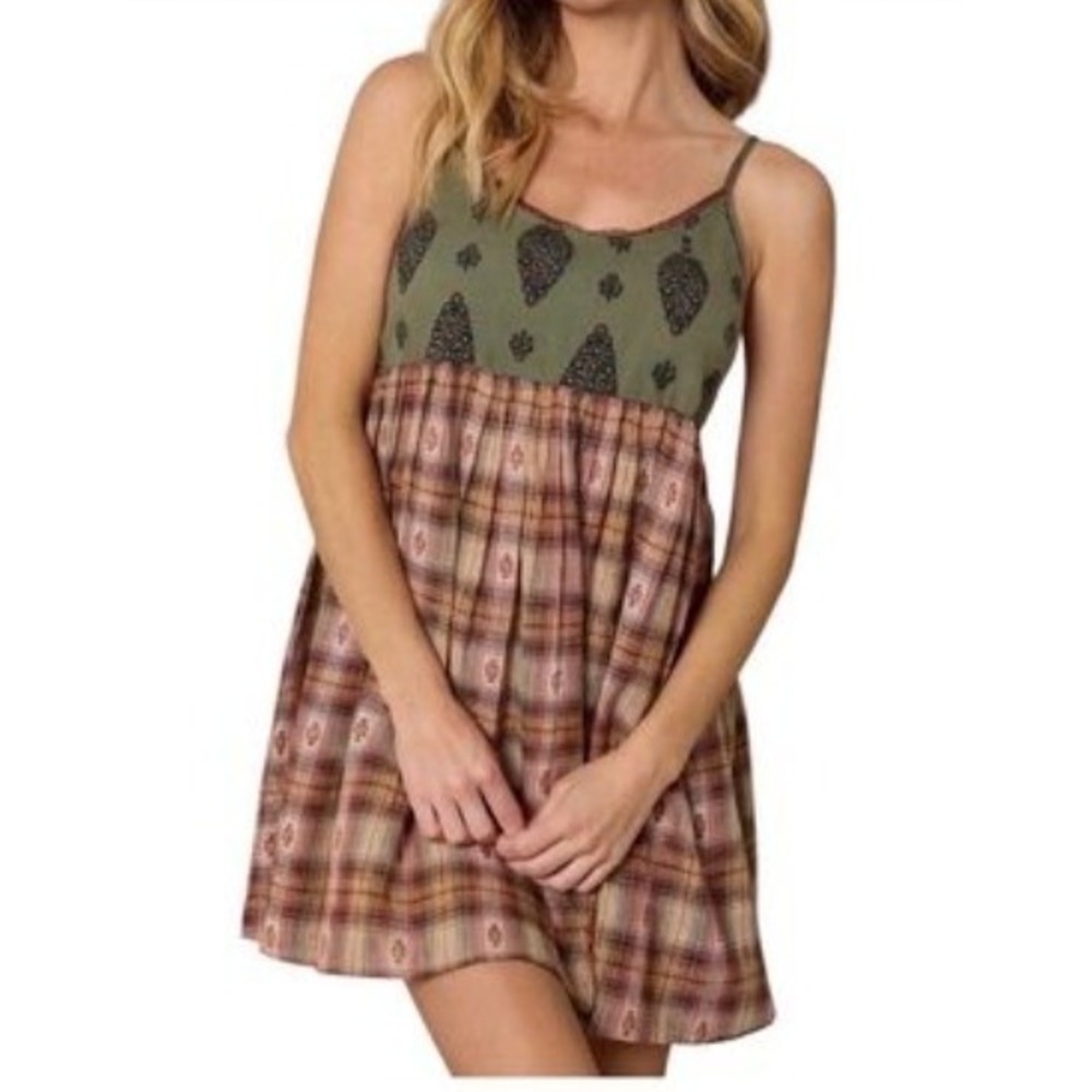 Natural Life Women XL Mini Dress Green Plaid Boho Mixed Media Embroidered Straps
